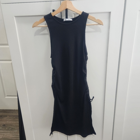 Zara Black Ruched Tie Side Ribbed Dress Small - Picture 4 of 11
